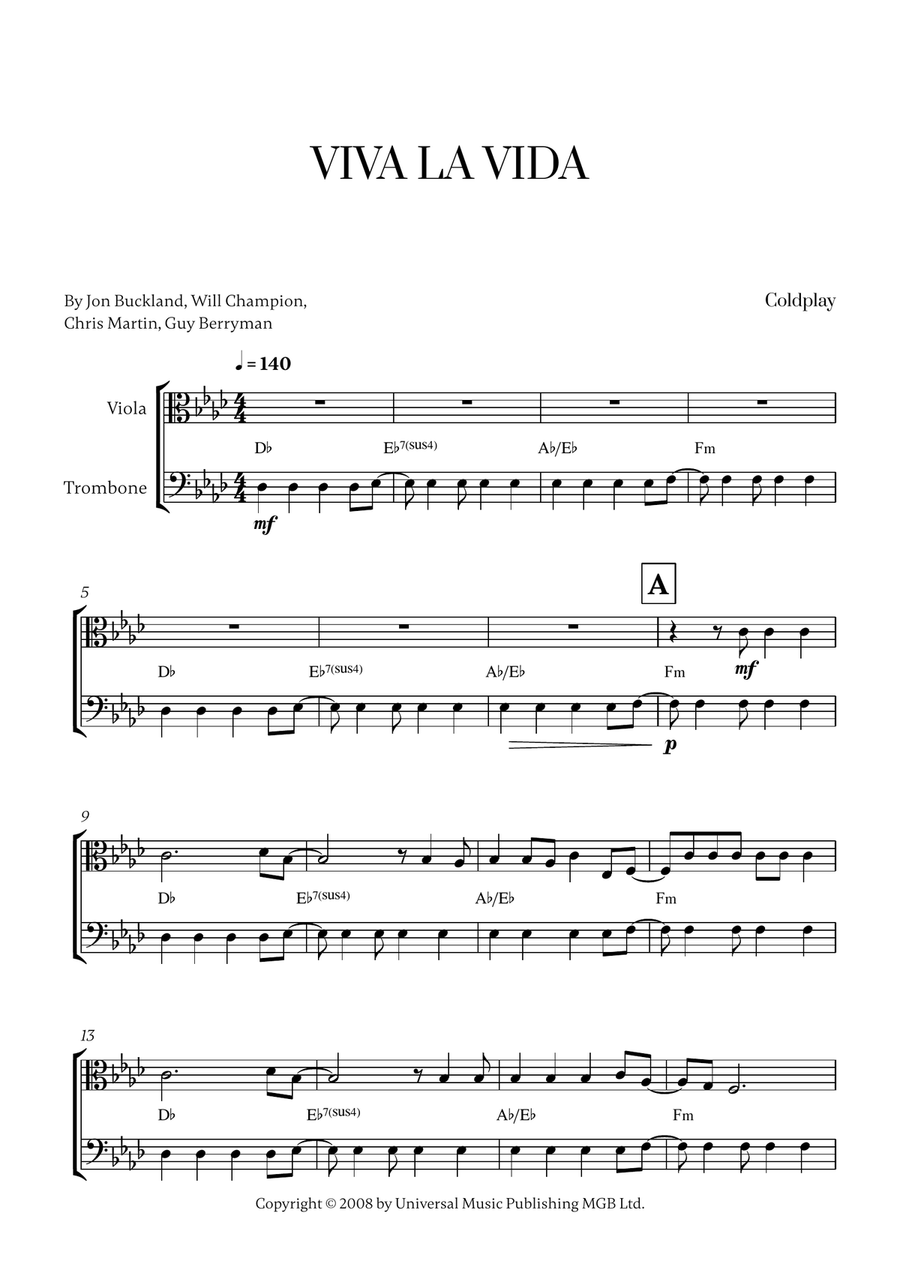 Viva La Vida Viva La Vida Trombone scores gallery preview page 1