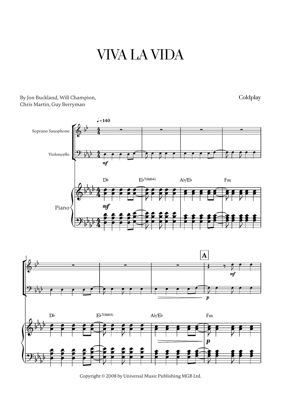 Viva La Vida Viva La Vida Soprano Saxophone scores gallery preview page 1