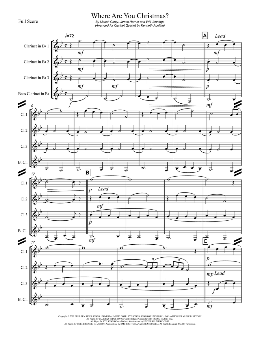 Where Are You Christmas? Clarinet Quartet scores gallery preview page 2