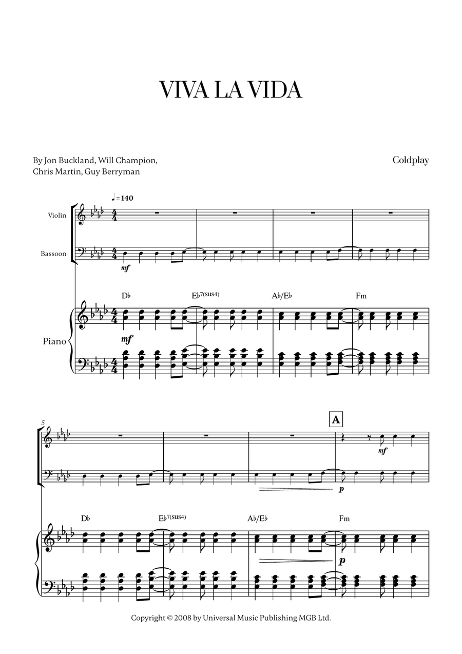 Viva La Vida Viva La Vida Bassoon scores gallery preview page 1