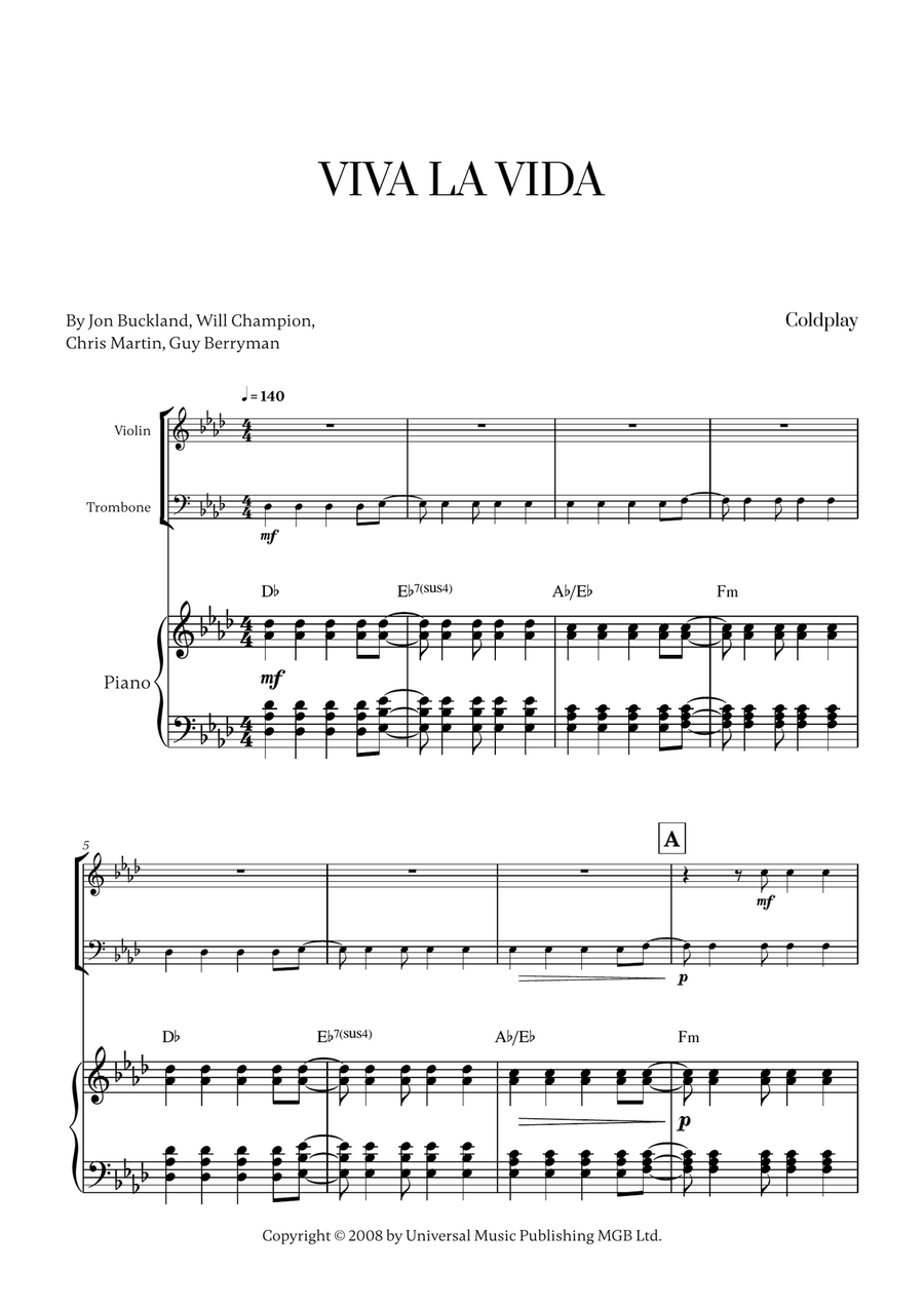 Viva La Vida Viva La Vida Trombone scores gallery preview page 1