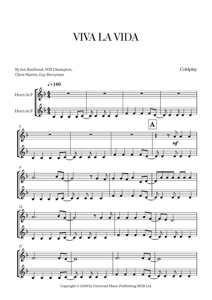 Viva La Vida Viva La Vida Brass Duet scores gallery preview page 1