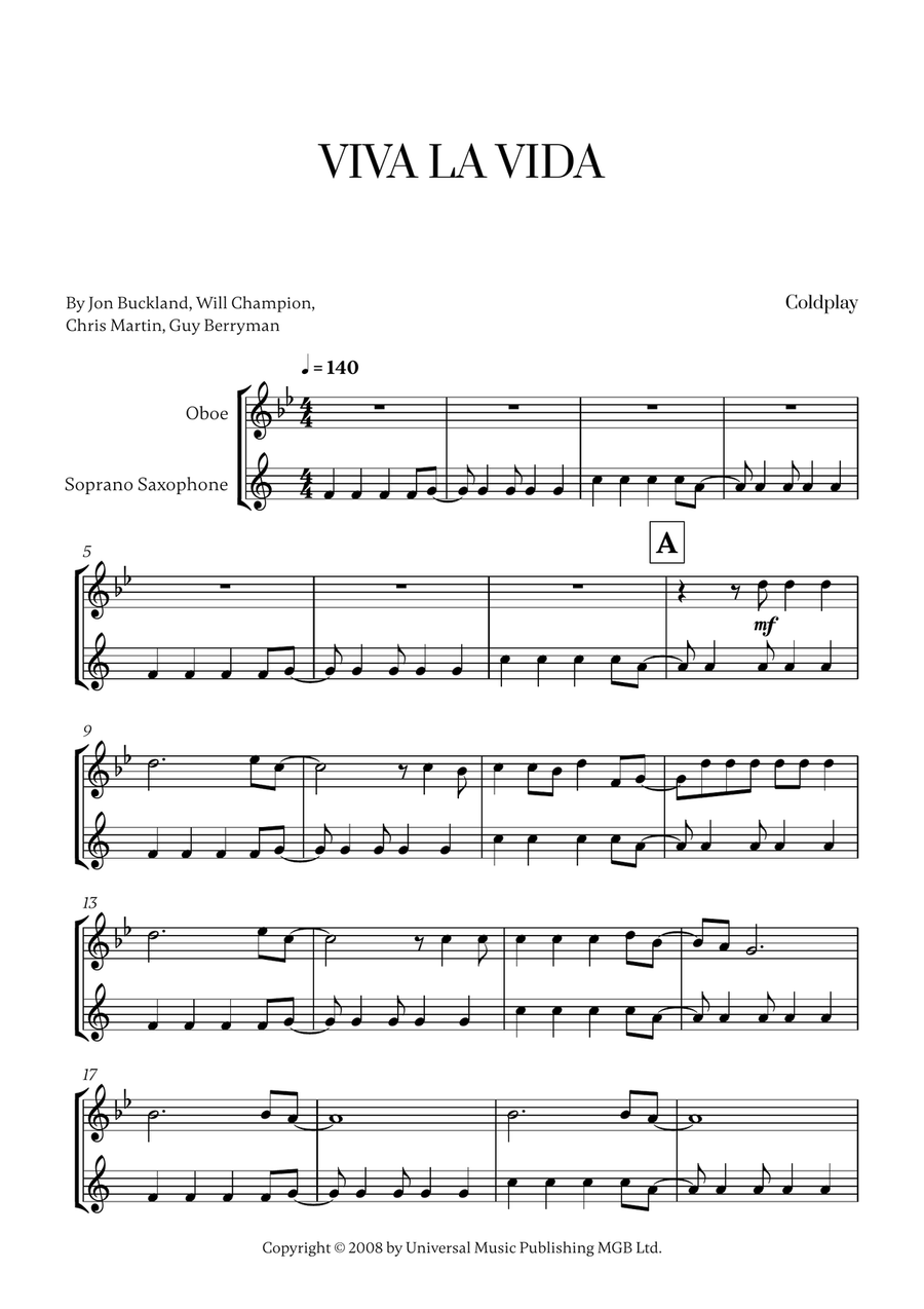 Viva La Vida Viva La Vida Woodwind Duet scores gallery preview page 1