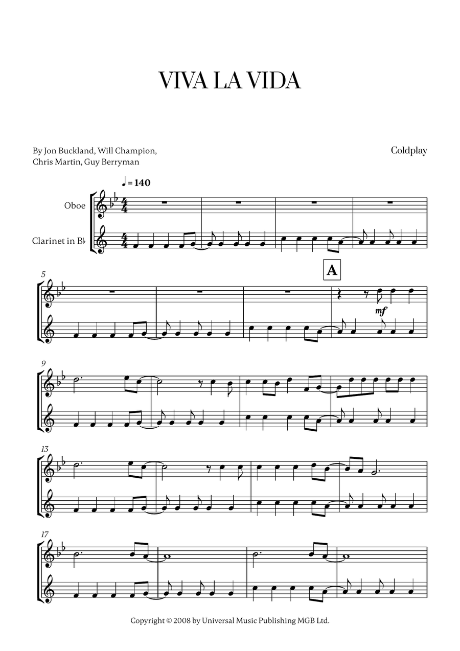 Viva La Vida Viva La Vida Woodwind Duet scores gallery preview page 1