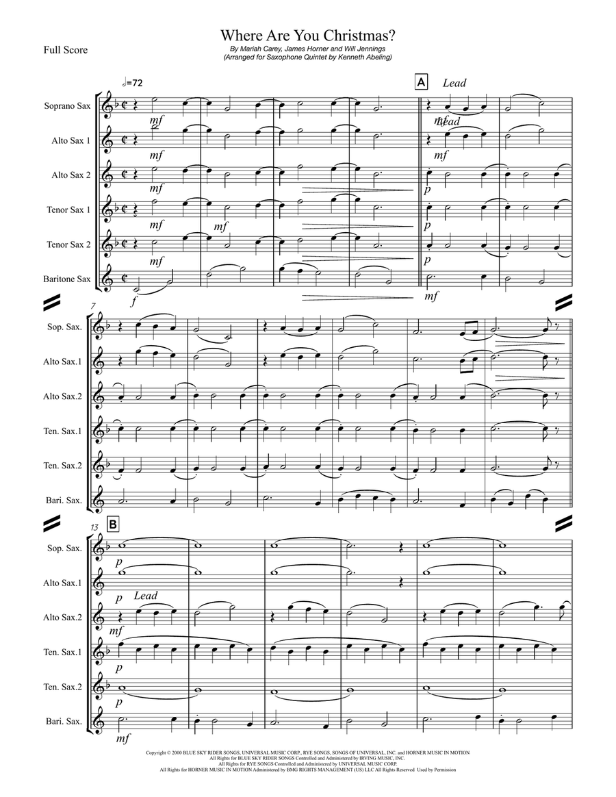 Where Are You Christmas? Saxophone Quintet scores gallery preview page 2