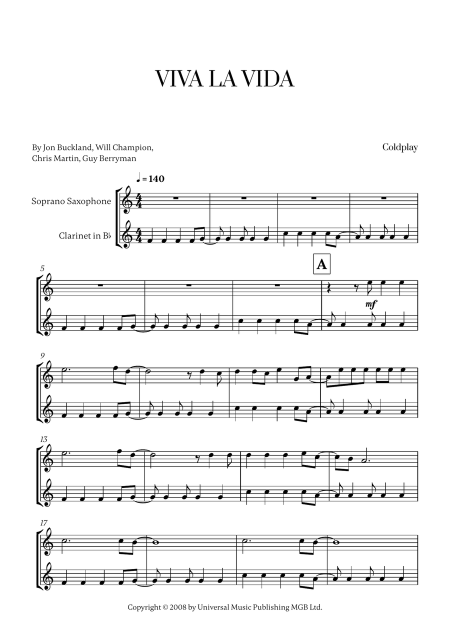 Viva La Vida Viva La Vida Woodwind Duet scores gallery preview page 1