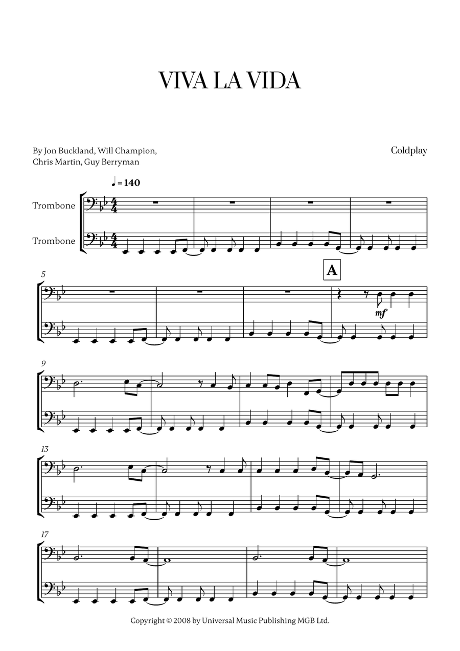 Viva La Vida Viva La Vida Trombone Duet scores gallery preview page 1