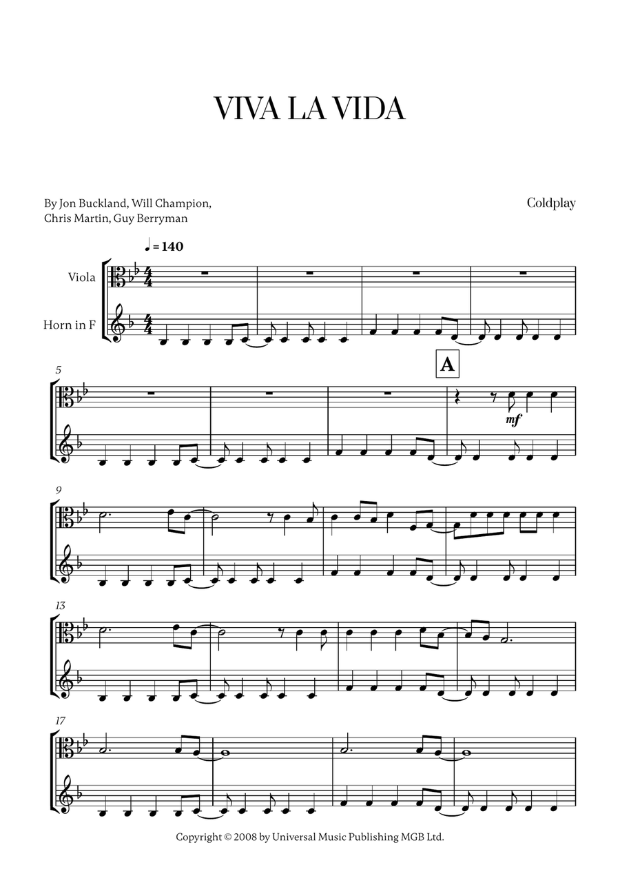 Viva La Vida Viva La Vida Horn scores gallery preview page 1