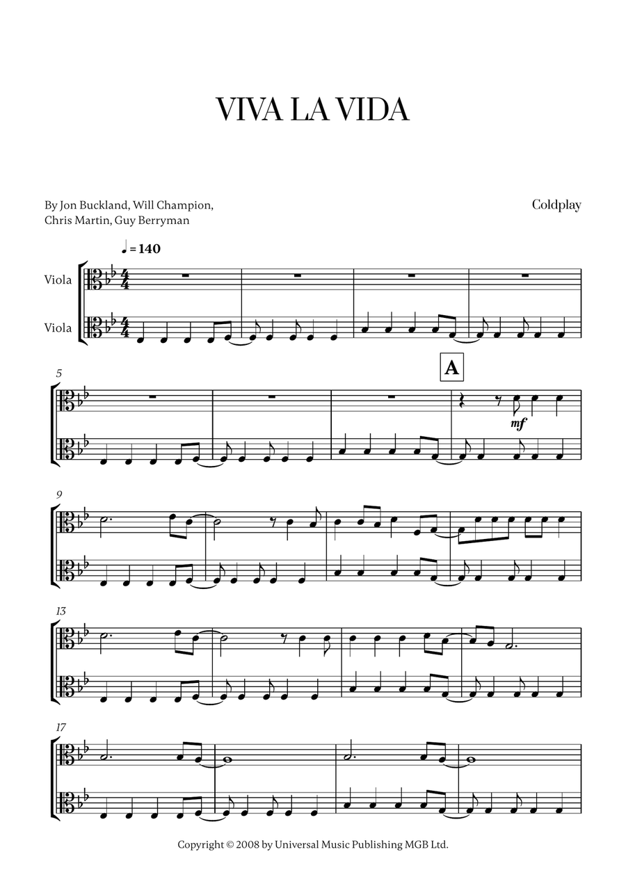Viva La Vida Viva La Vida String Duet scores gallery preview page 1