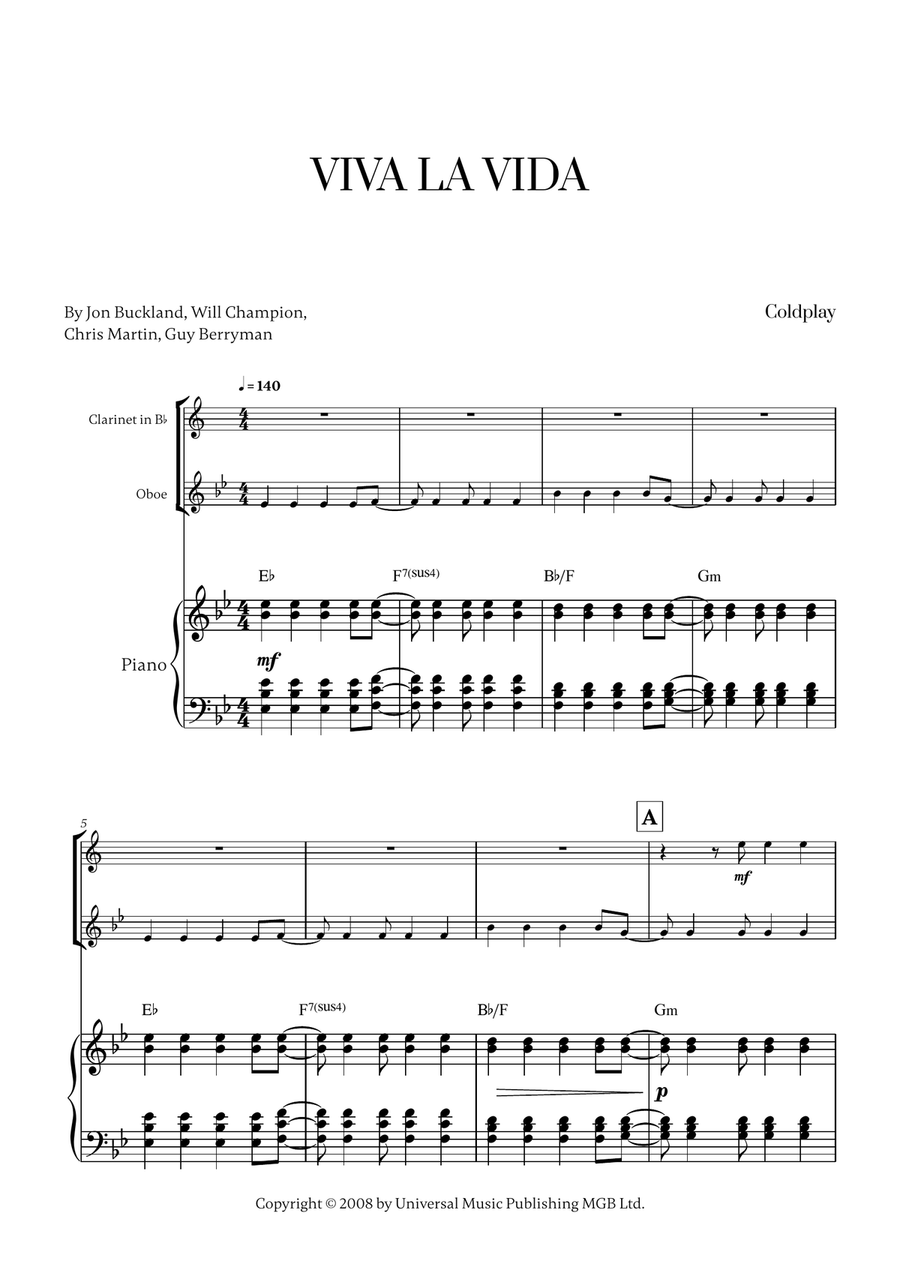 Viva La Vida Viva La Vida Woodwind Duet scores gallery preview page 1