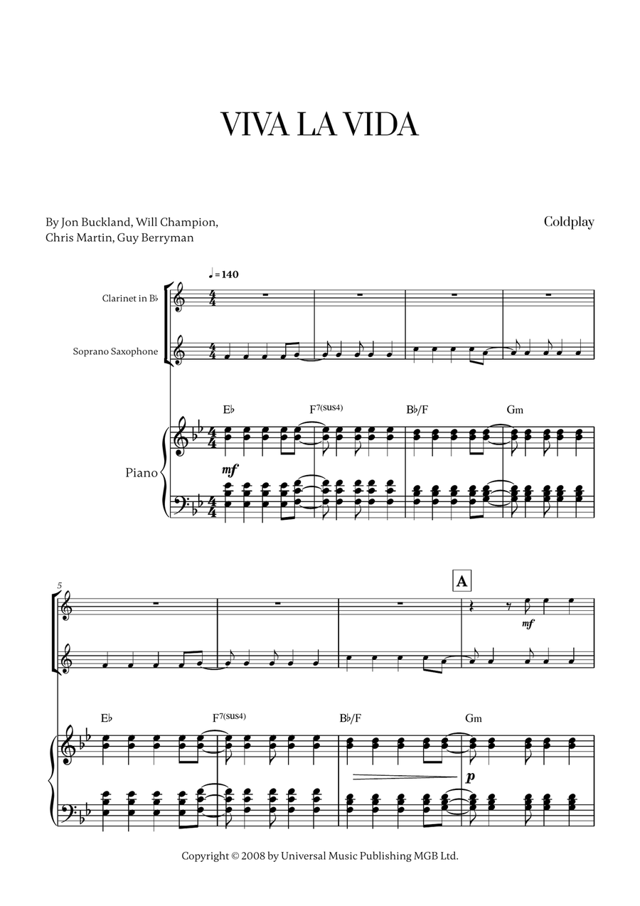 Viva La Vida Viva La Vida Woodwind Duet scores gallery preview page 1
