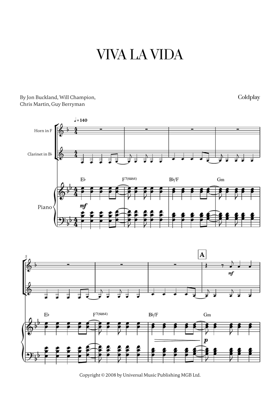 Viva La Vida Viva La Vida Woodwind Duet scores gallery preview page 1