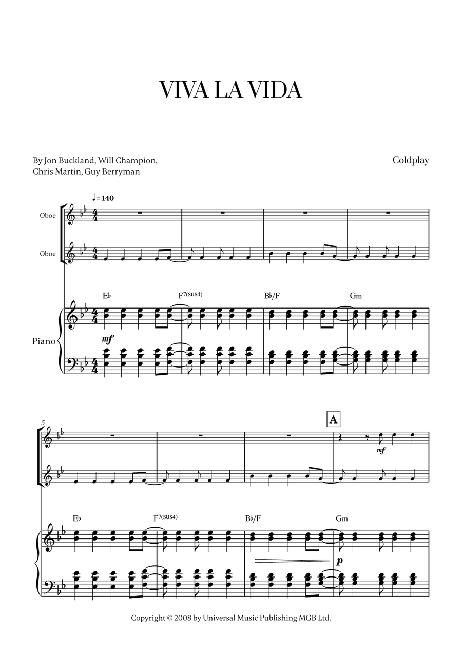 Viva La Vida Viva La Vida Woodwind Duet scores gallery preview page 1