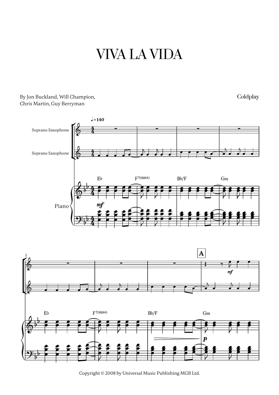 Viva La Vida Viva La Vida Woodwind Duet scores gallery preview page 1