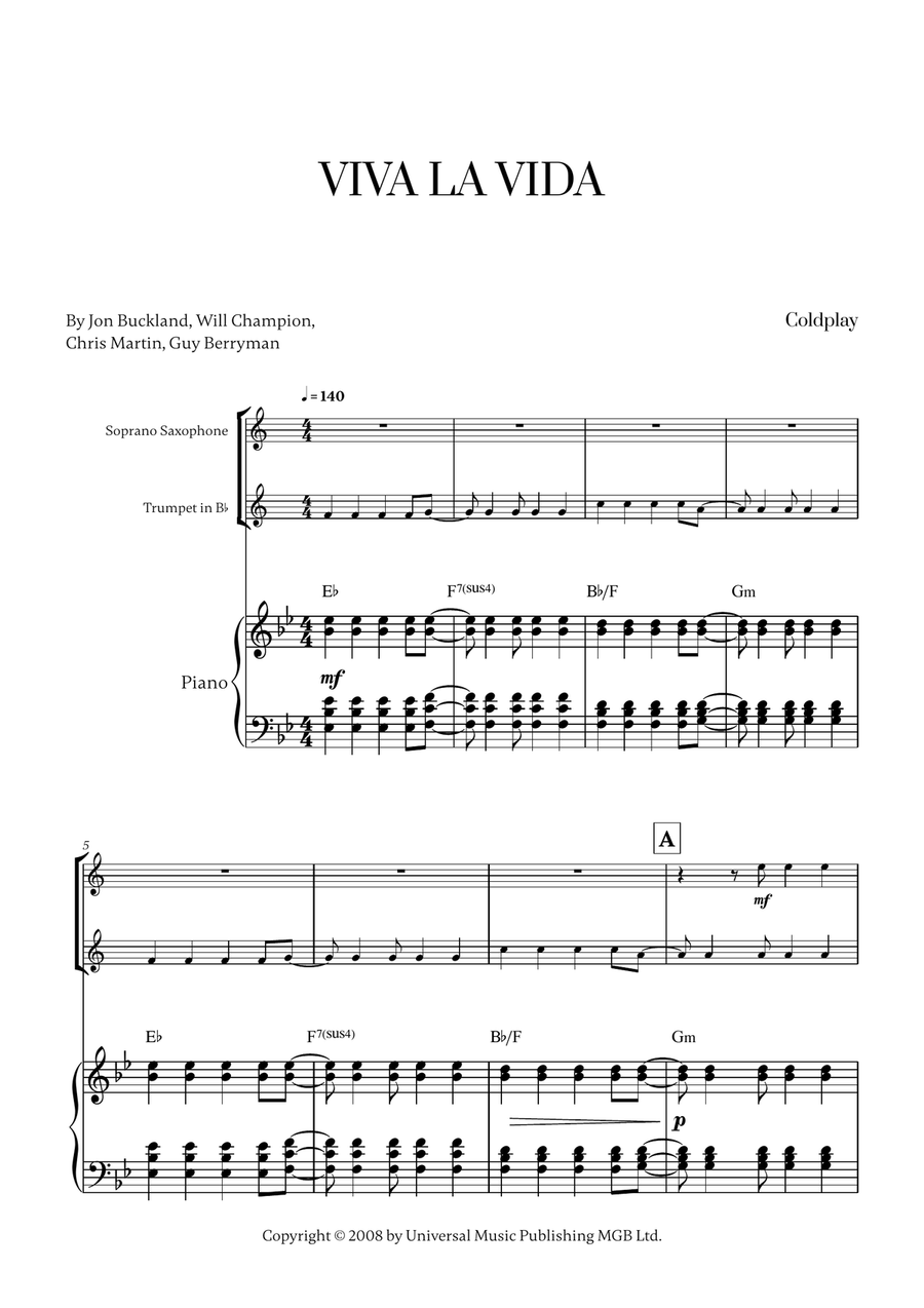 Viva La Vida Viva La Vida Soprano Saxophone scores gallery preview page 1