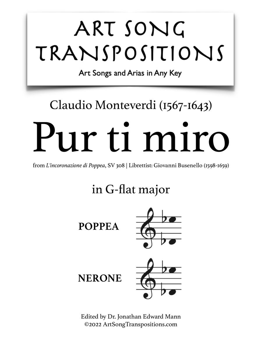 MONTEVERDI: Pur ti miro (transposed to G-flat major) Piano, Vocal scores gallery preview page 1