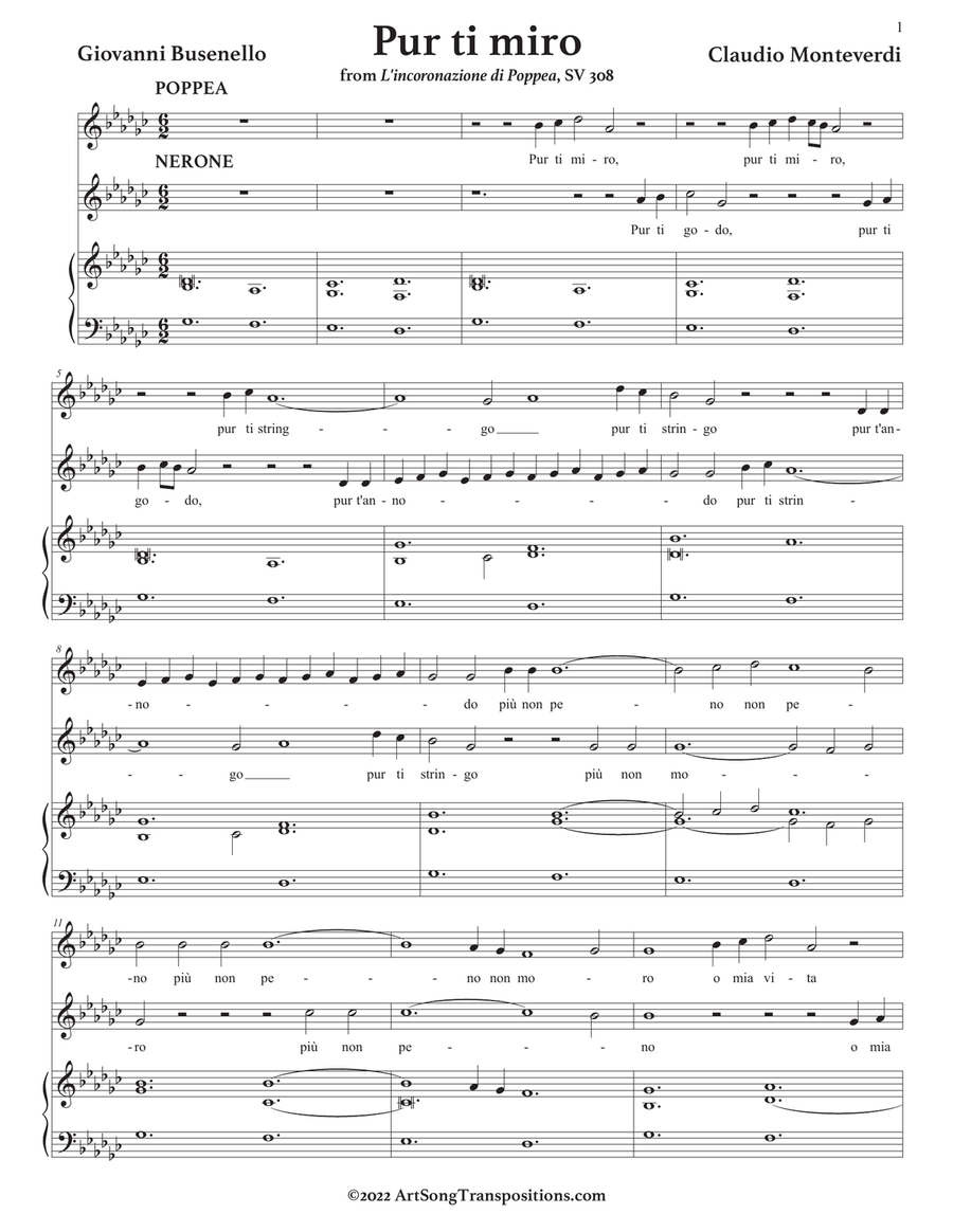 MONTEVERDI: Pur ti miro (transposed to G-flat major) Piano, Vocal scores gallery preview page 2