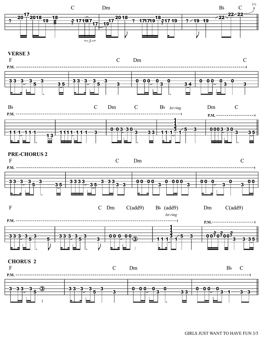 Girls Just Want To Have Fun Guitar Tablature scores gallery preview page 3