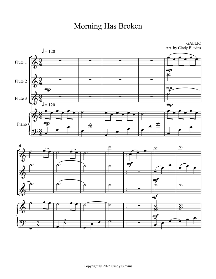 Morning Has Broken, for Three Flutes and Piano Small Ensemble scores gallery preview page 2