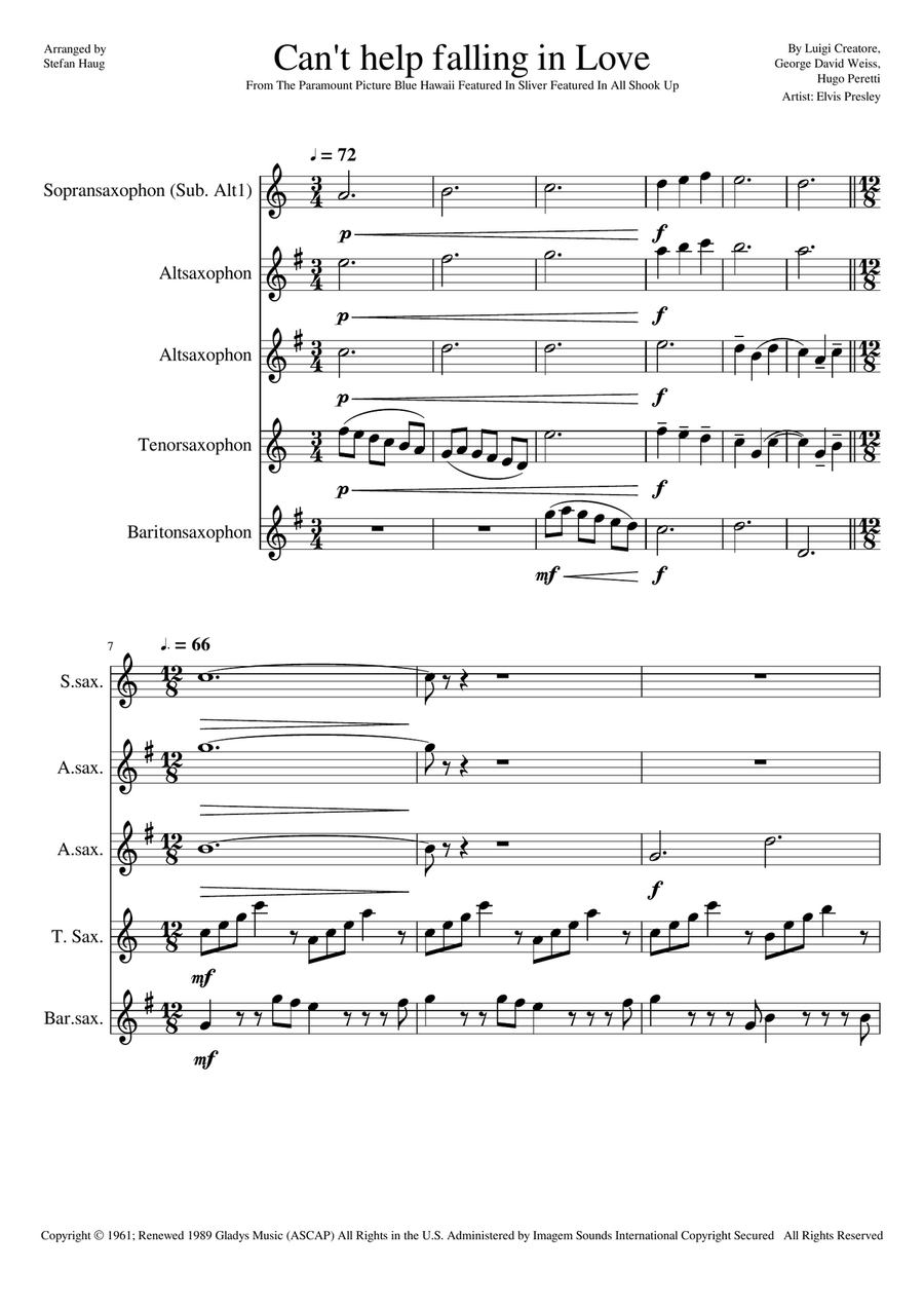 Can't Help Falling In Love Saxophone Quartet scores gallery preview page 1