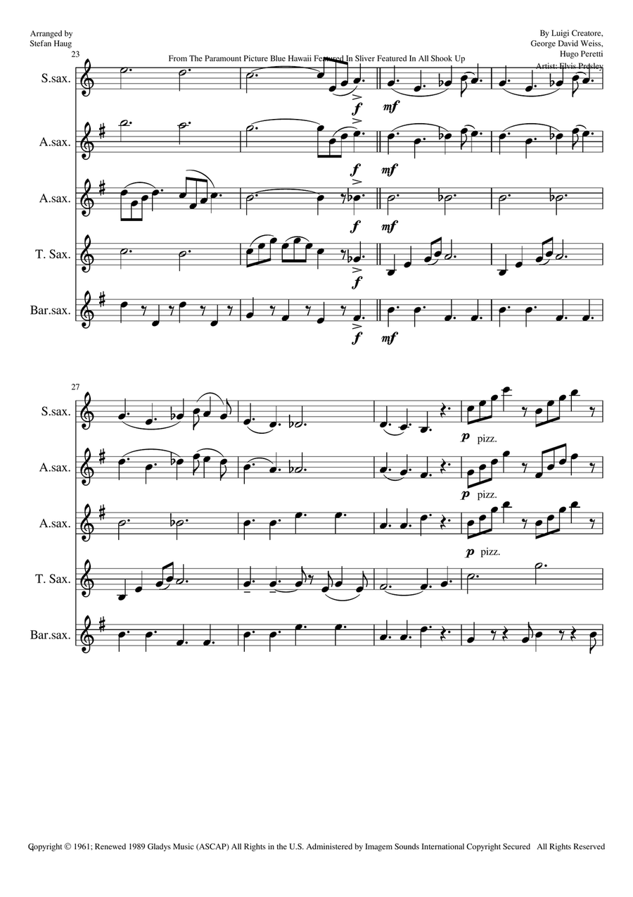 Can't Help Falling In Love Saxophone Quartet scores gallery preview page 4