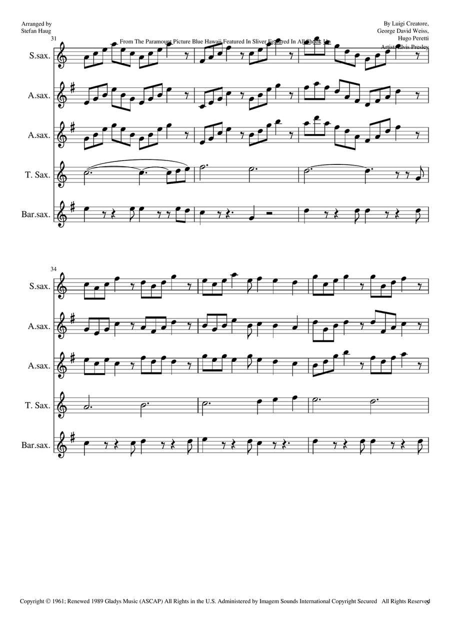 Can't Help Falling In Love Saxophone Quartet scores gallery preview page 5