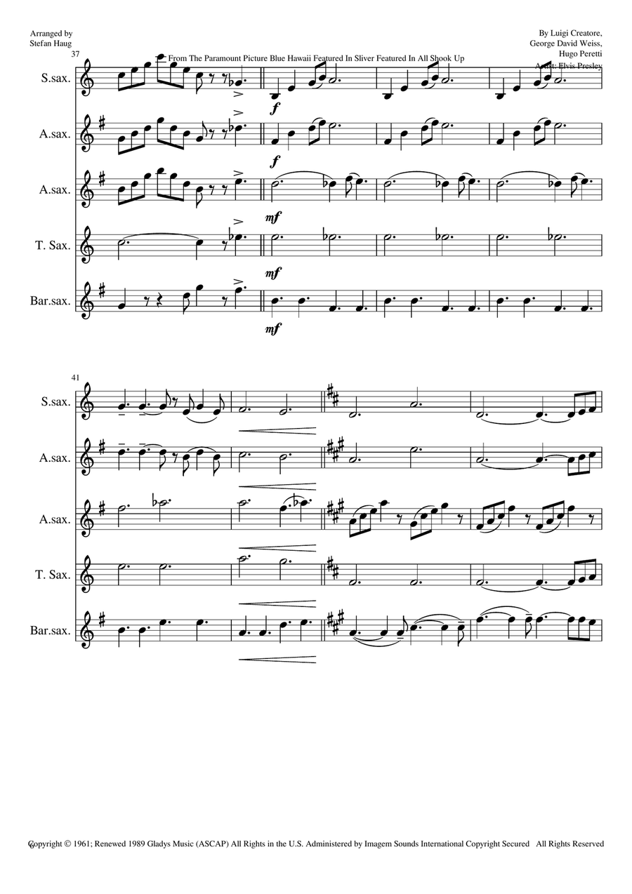 Can't Help Falling In Love Saxophone Quartet scores gallery preview page 6