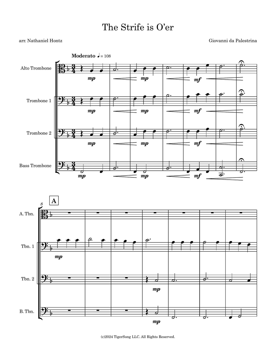 The Strife is O'er (for Trombone Quartet) Brass Quartet scores gallery preview page 1