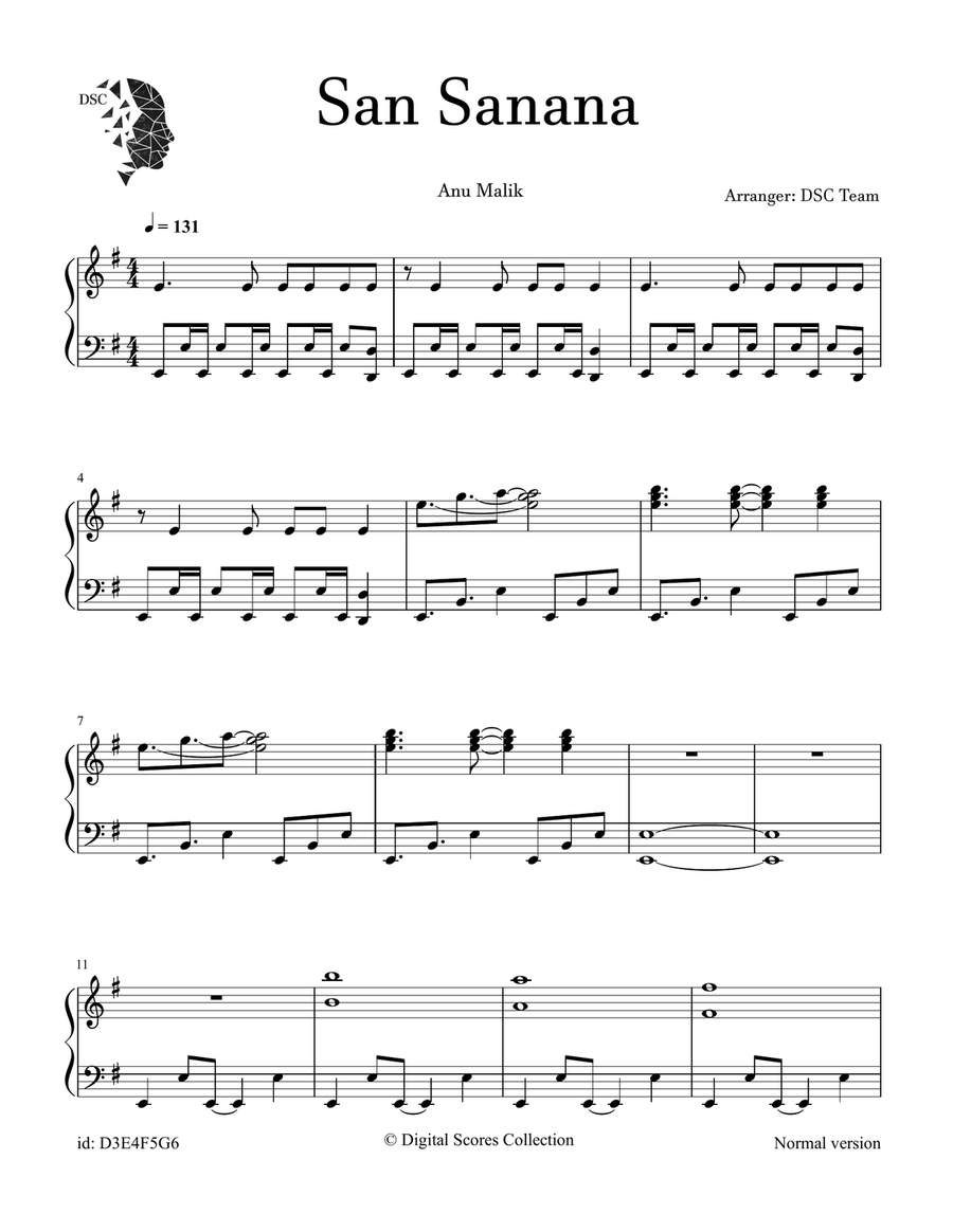 San Sanana Sana San Sanana Sana Piano Solo scores gallery preview page 1