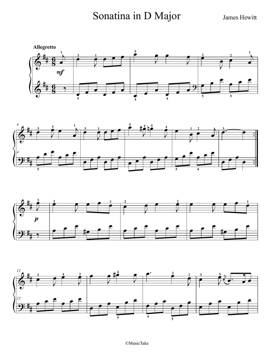 Hewitt Sonatina in D Major 1st movement Easy Piano scores gallery preview page 1