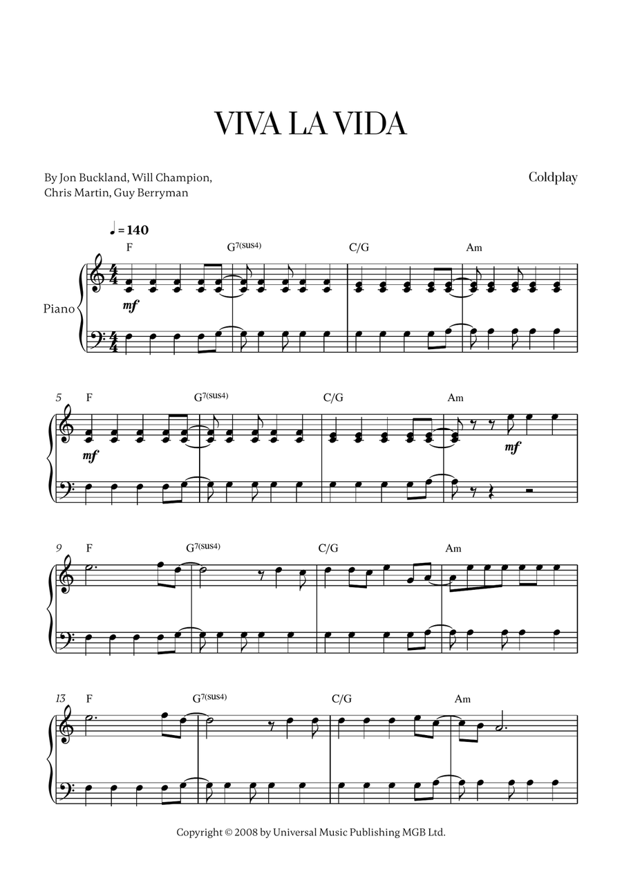 Viva La Vida Viva La Vida Easy Piano scores gallery preview page 1