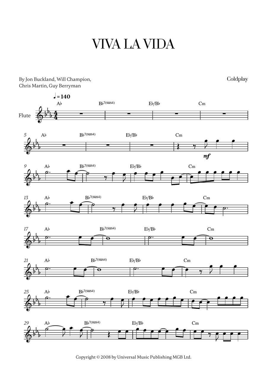 Viva La Vida Viva La Vida Flute Solo scores gallery preview page 1