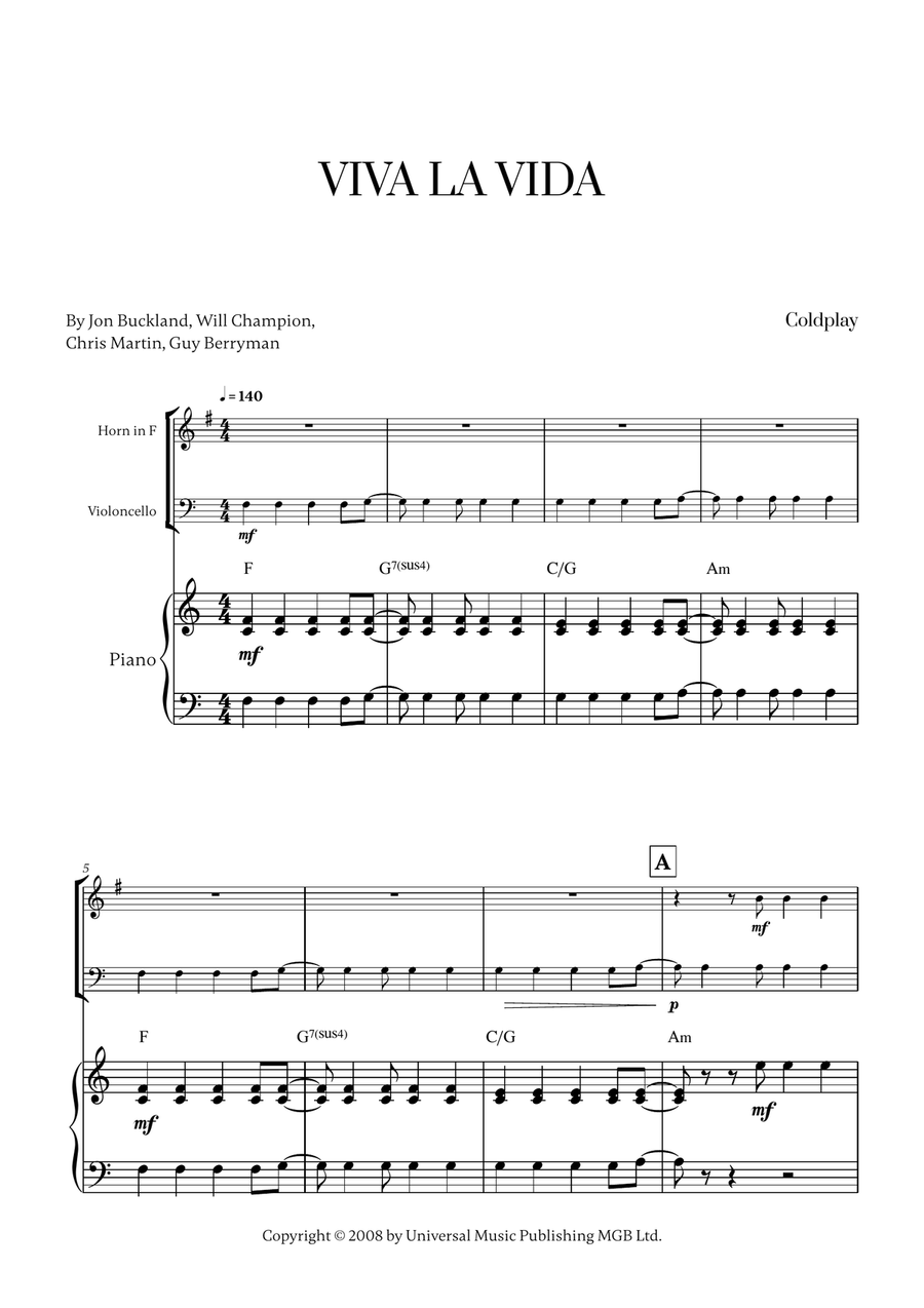 Viva La Vida Viva La Vida Horn scores gallery preview page 1