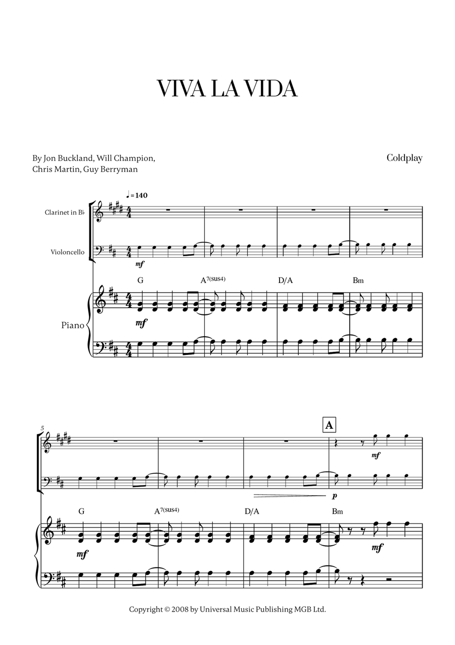 Viva La Vida B-Flat Clarinet scores gallery preview page 1