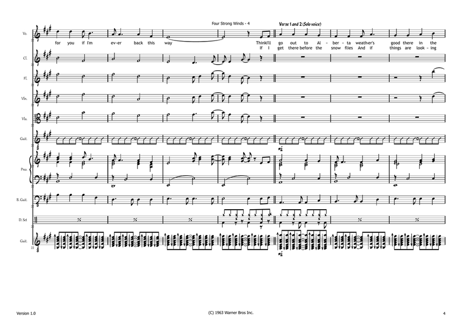 Four Strong Winds in Key of A Major A Cappella scores gallery preview page 4