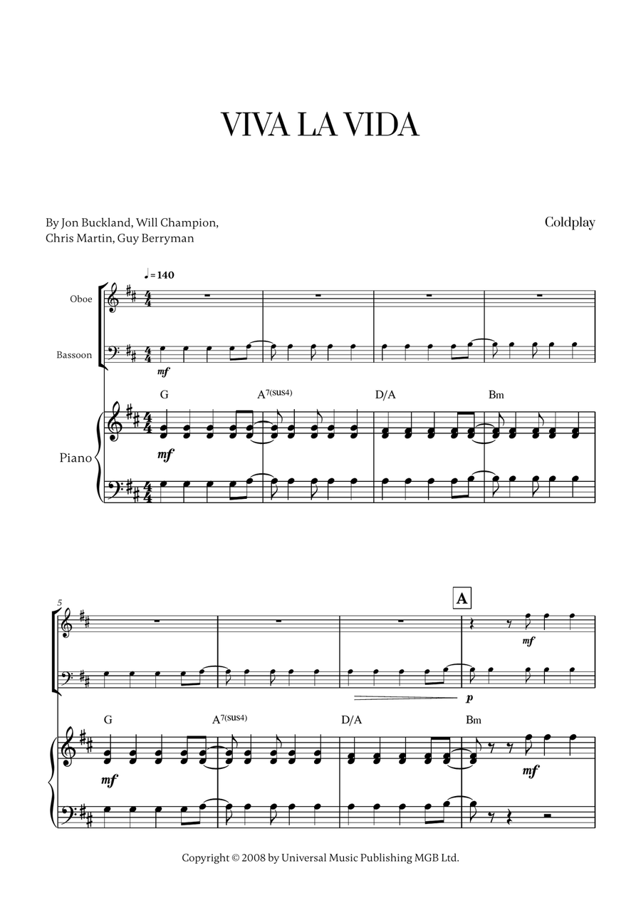 Viva La Vida Viva La Vida Woodwind Duet scores gallery preview page 1