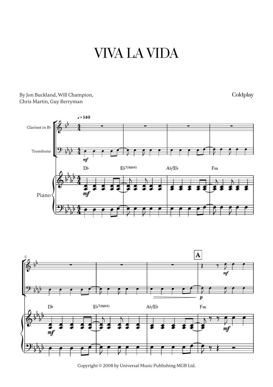Viva La Vida Viva La Vida B-Flat Clarinet scores gallery preview page 1