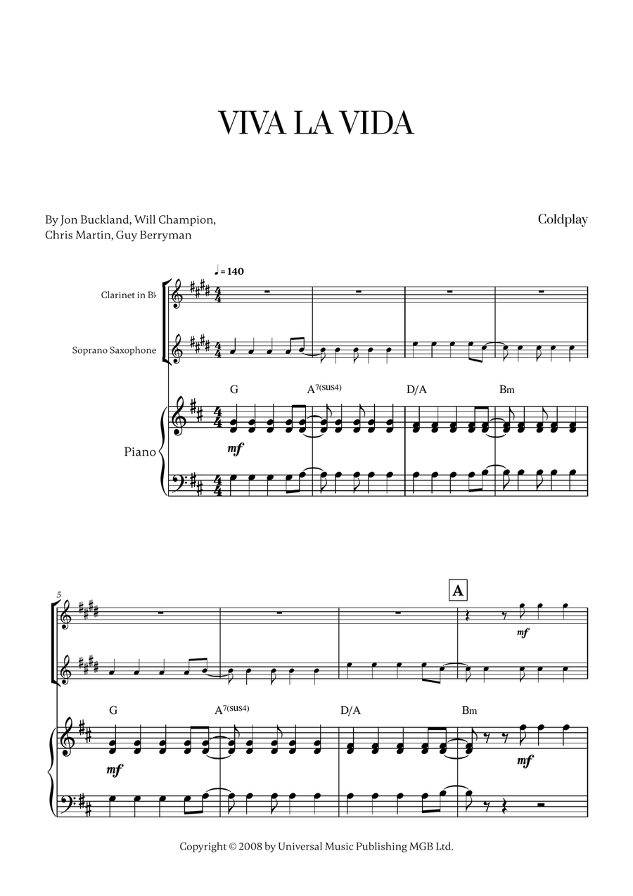 Viva La Vida Viva La Vida Woodwind Duet scores gallery preview page 1