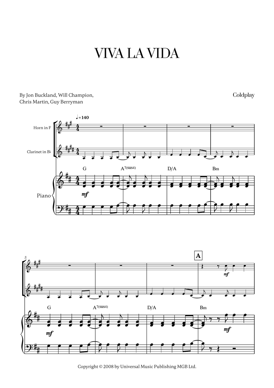 Viva La Vida Viva La Vida Woodwind Duet scores gallery preview page 1