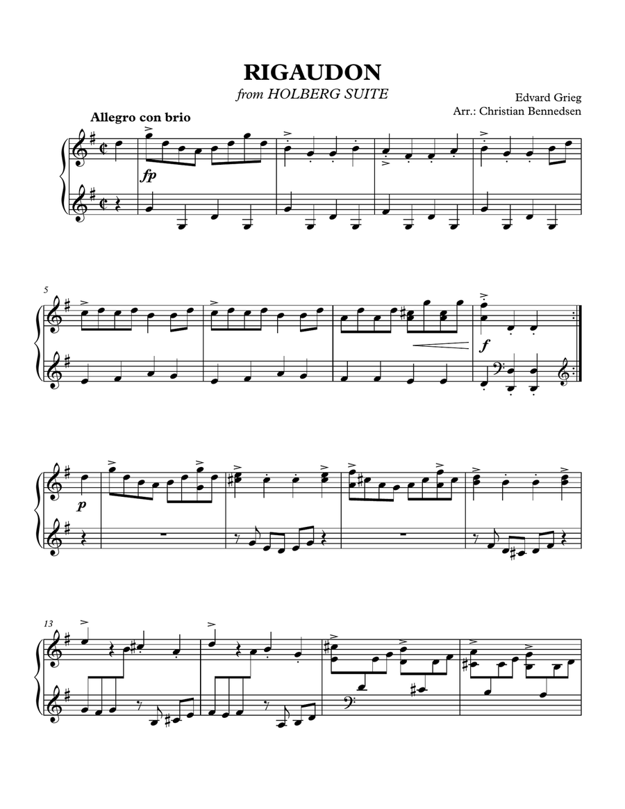 Grieg - Rigaudon from Holberg Suite Piano Solo scores gallery preview page 1