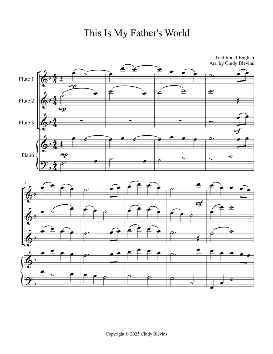 This Is My Father's World, for Three Flutes and Piano Small Ensemble scores gallery preview page 2
