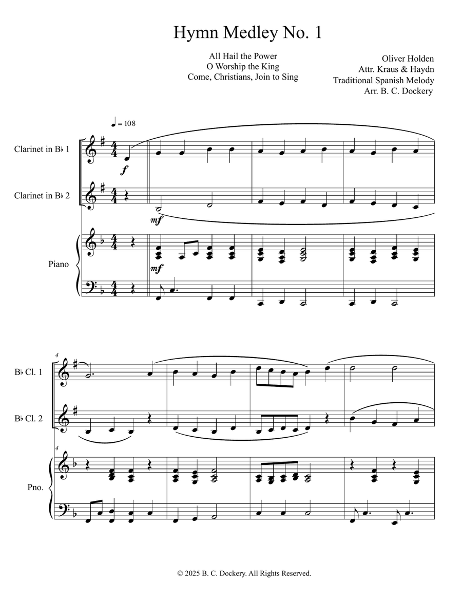 Hymn Medley No. 1 (Clarinet Duet with Piano Accompaniment) Clarinet Duet scores gallery preview page 1