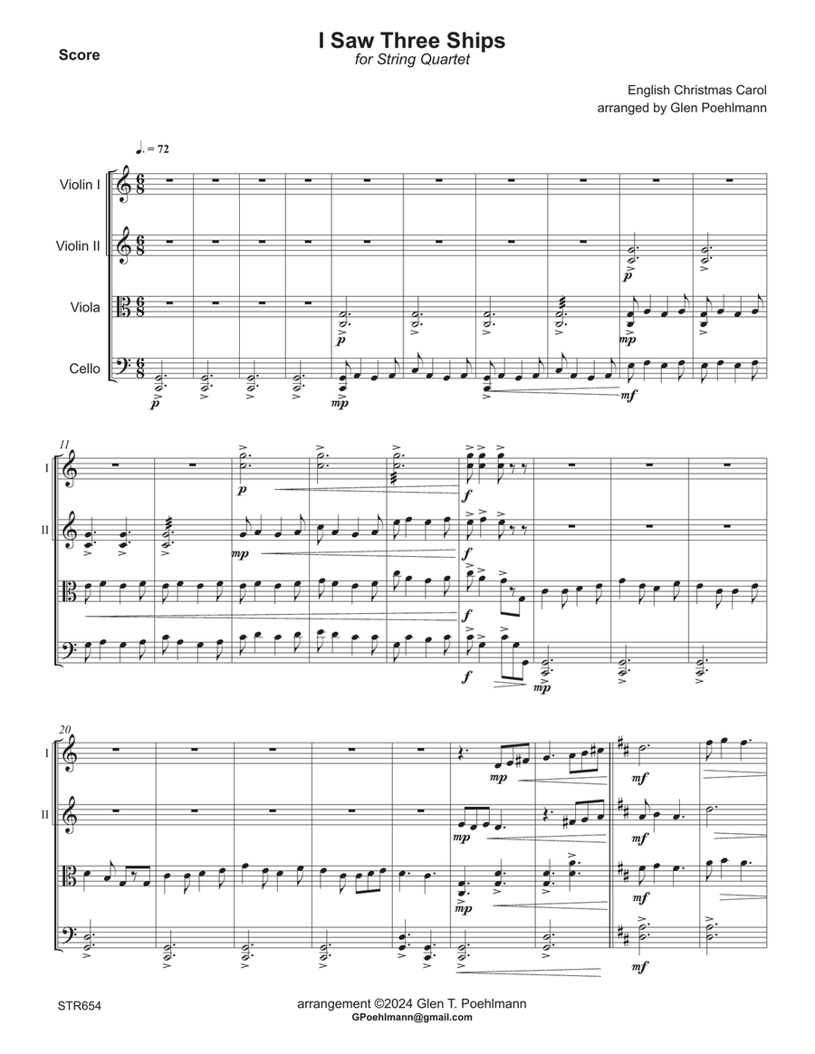 I SAW THREE SHIPS - unaccompanied STRING QUARTET (grade 3+) A Cappella scores gallery preview page 1