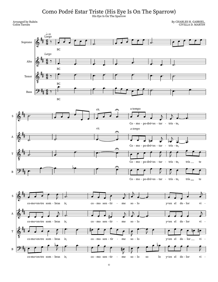 Como Podré Estar Triste (His Eye Is On The Sparrow) 4-Part scores gallery preview page 1