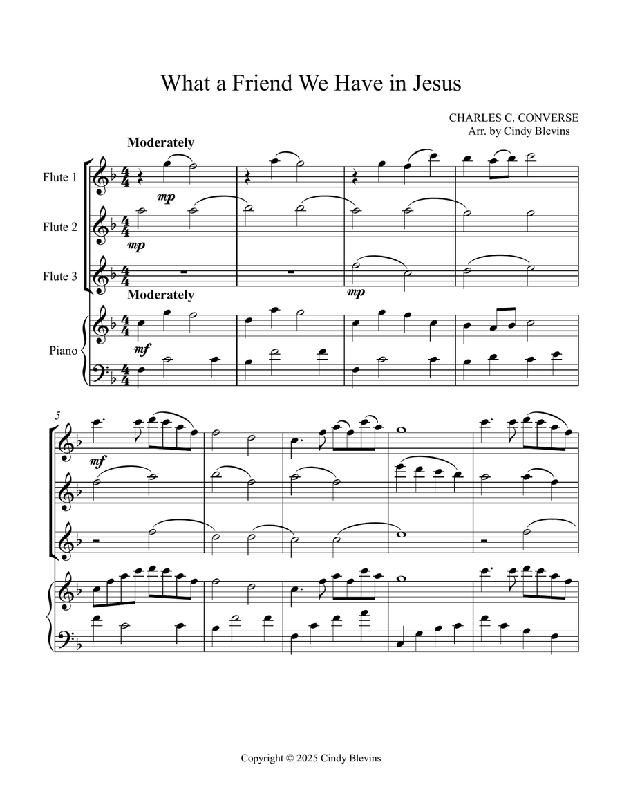 What a Friend We Have In Jesus, for Three Flutes and Piano Small Ensemble scores gallery preview page 2