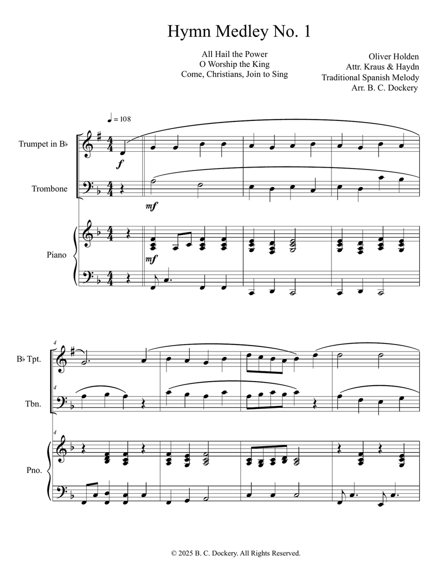 Hymn Medley No. 1 (Trumpet and Trombone Duet with Piano Accompaniment) Hymn Medley No. 1 (Trumpet and Trombone Duet with Piano Accompaniment) Brass Duet scores gallery preview page 1