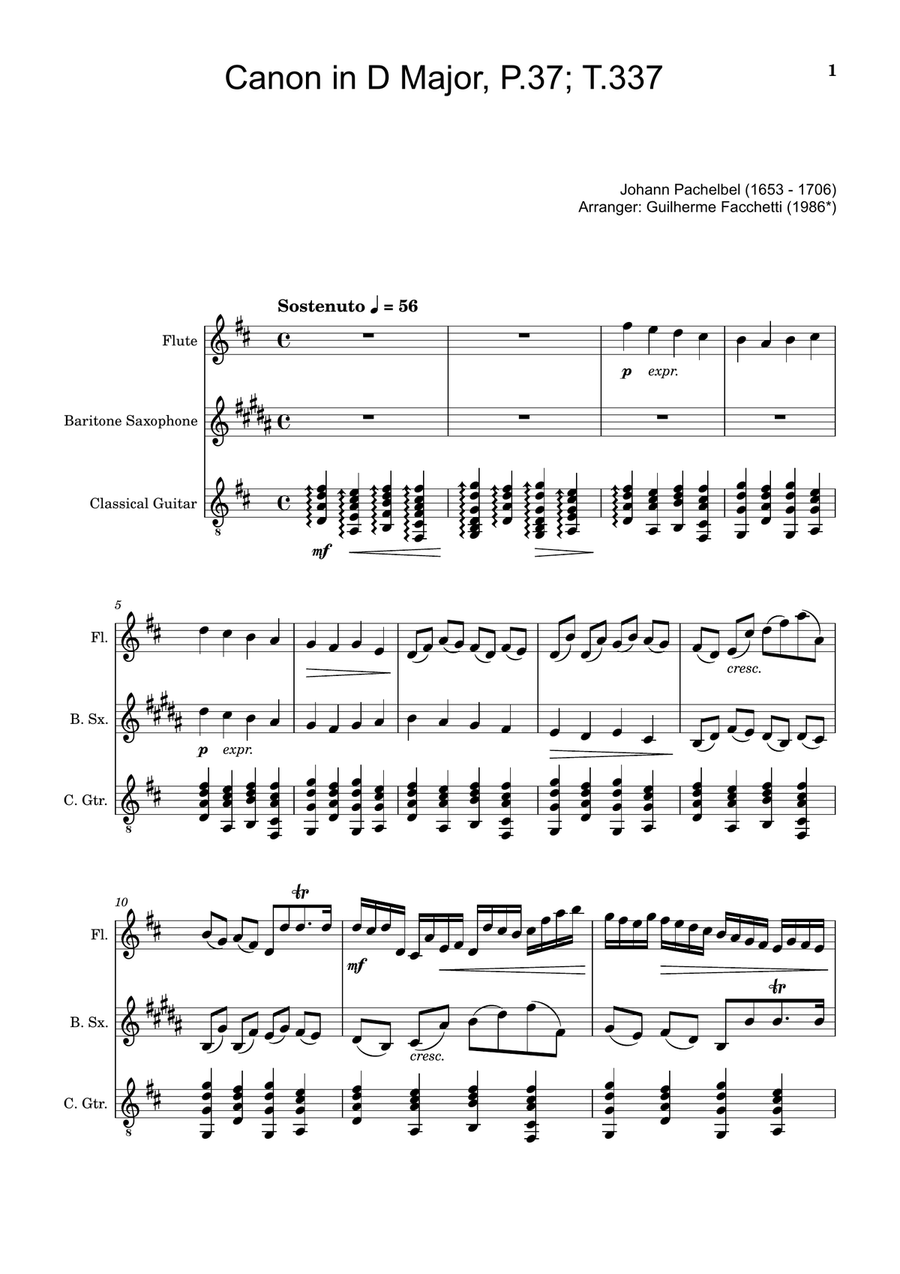 Canon in D Major, P.37; T.337. Flute, B. Sax and Guitar. Score and Parts Chamber Music scores gallery preview page 1