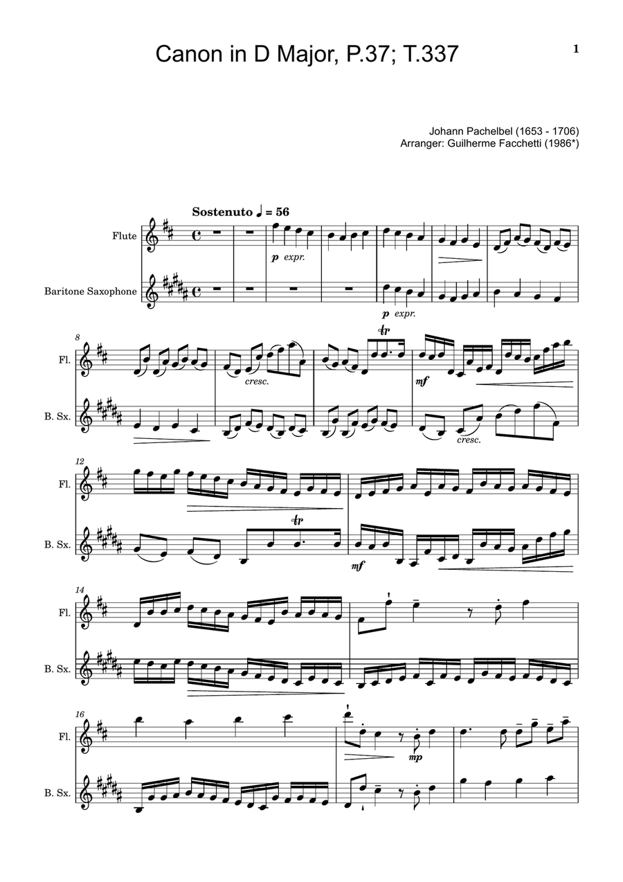 Canon in D Major, P.37; T.337. Flute and B. Sax. Woodwind Duet scores gallery preview page 1