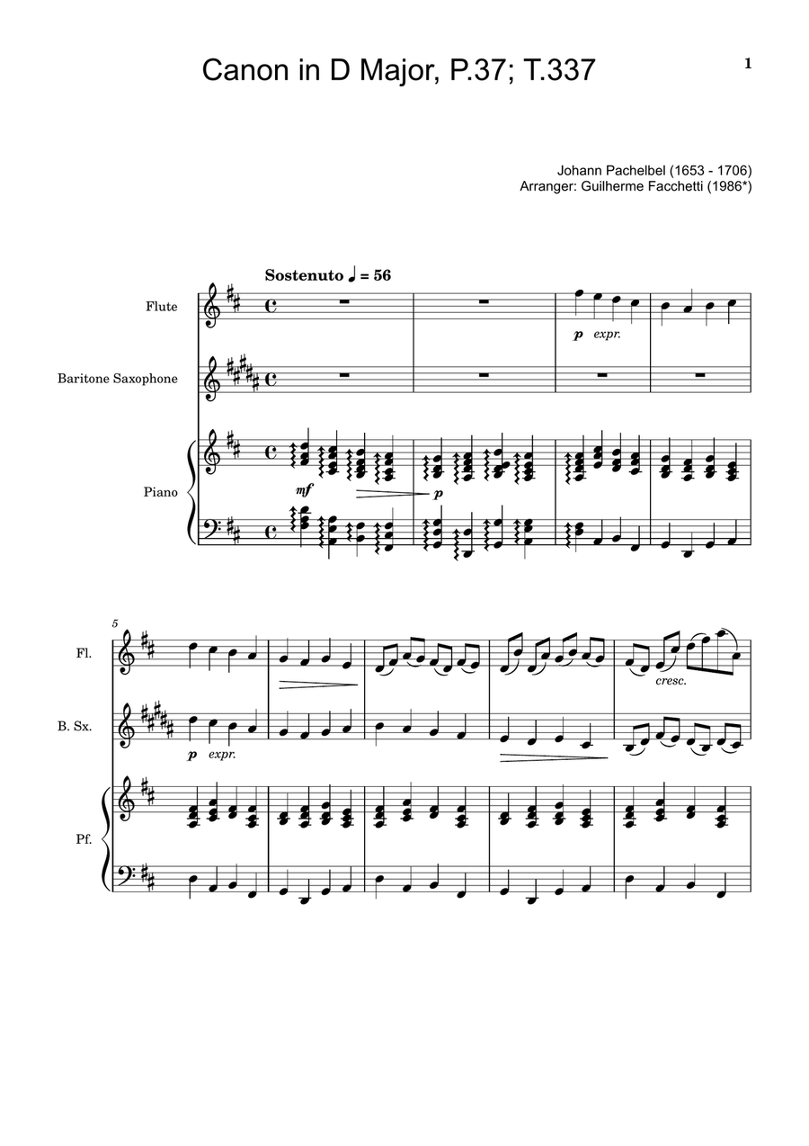 Canon in D Major, P.37; T.337. Flute, B. Sax and Piano. Score and Parts Woodwind Duet scores gallery preview page 1