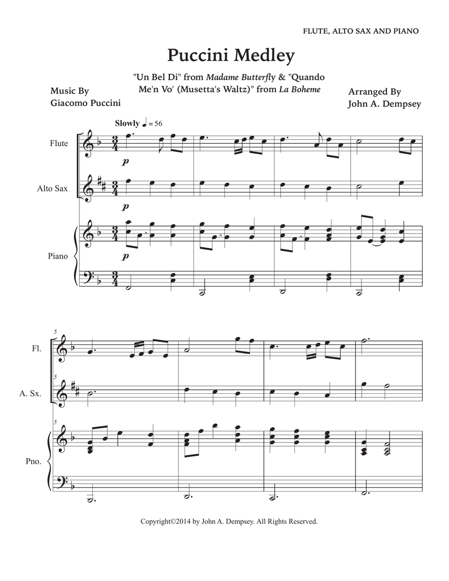 Puccini Medley (Trio for Flute, Alto Sax and Piano) Small Ensemble scores gallery preview page 5